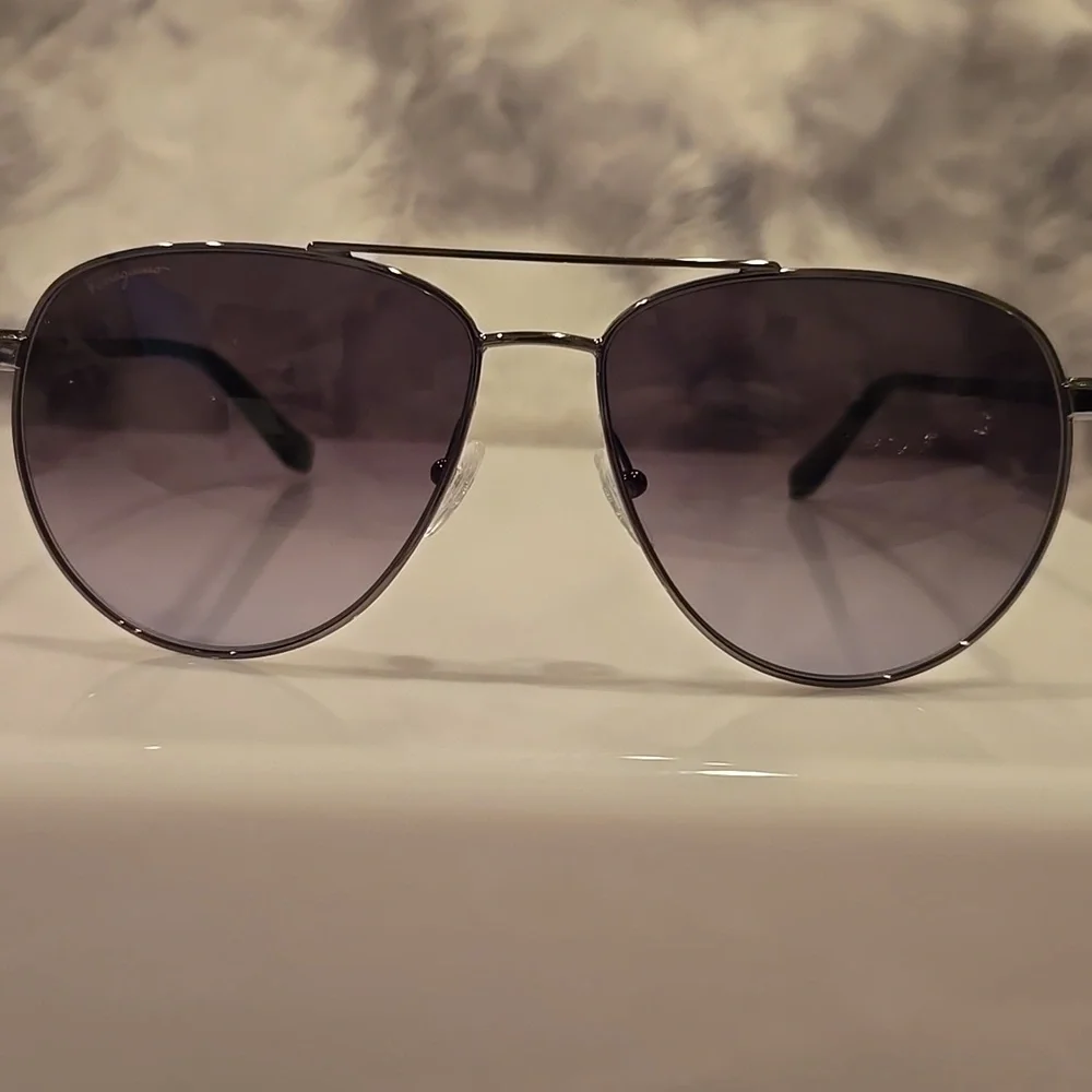 Salvatore Ferragamo Aviator Sunglasses Shiny Ruthenium Brand New In Box